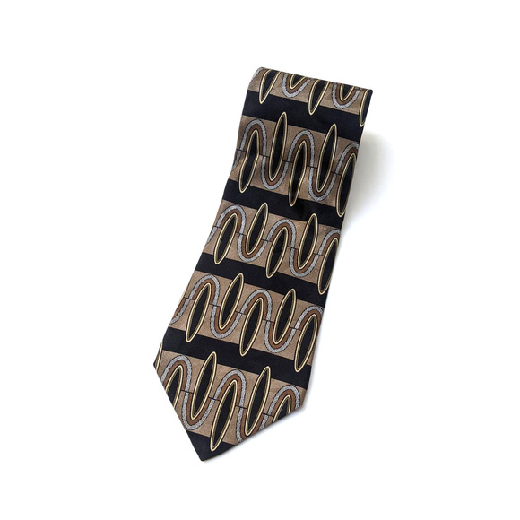 Vintage 80's 90s Louis Feraud Brown Black Abstract Geometric Print Silk Neck Tie - Picture 1 of 7